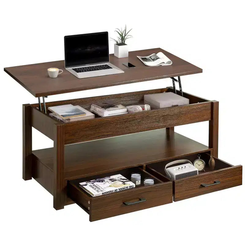 Hausource 41.7 Lift Top Coffee Table with Hidden Storage, 2 Drawers & Open Shelf
