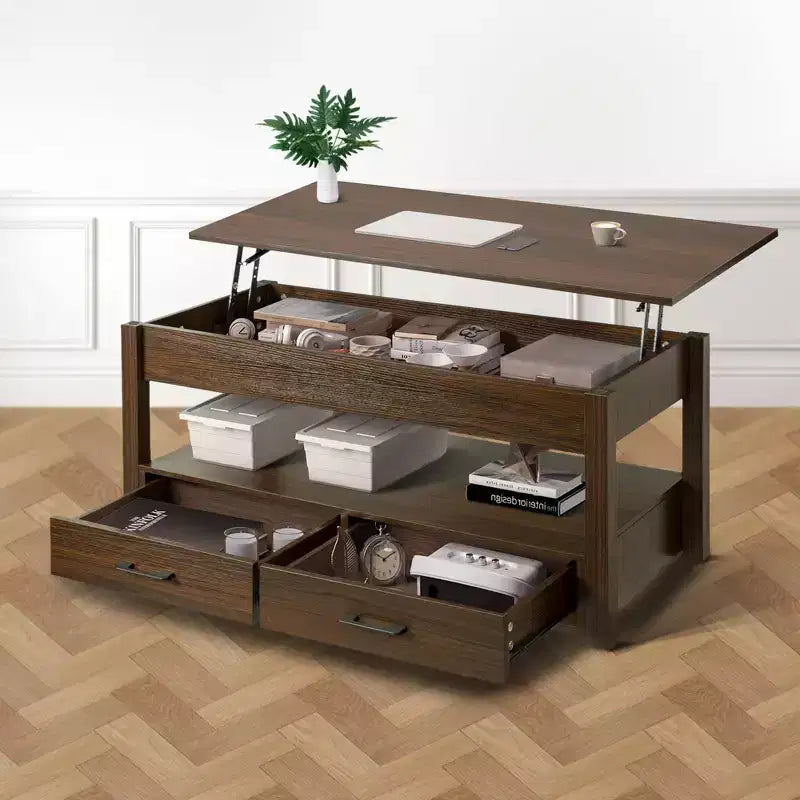 Table basse relevable grise et jaune avec 2 tiroirs et rangement dissimulé