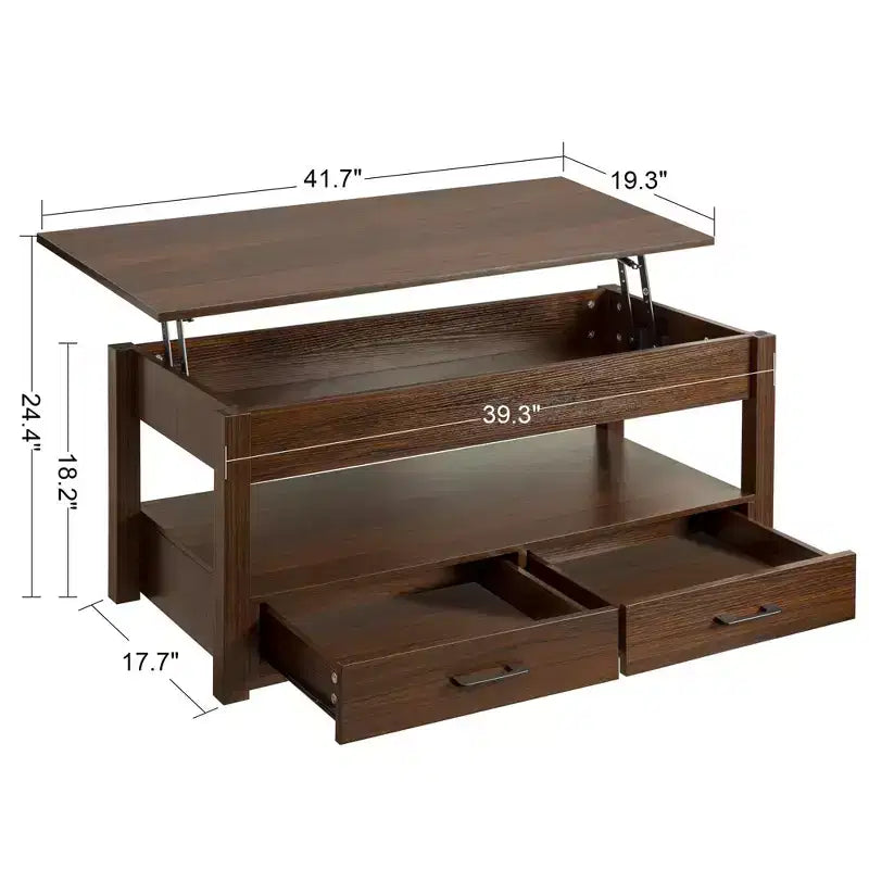 Table basse relevable grise et jaune avec 2 tiroirs et rangement dissimulé