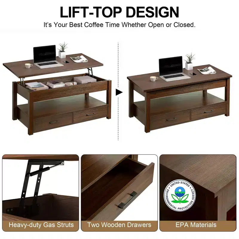 Table basse relevable grise et jaune avec 2 tiroirs et rangement dissimulé
