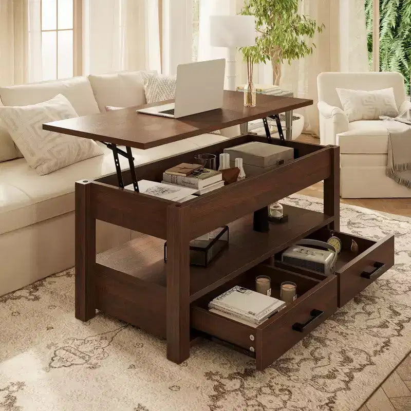 Table basse relevable grise et jaune avec 2 tiroirs et rangement dissimulé