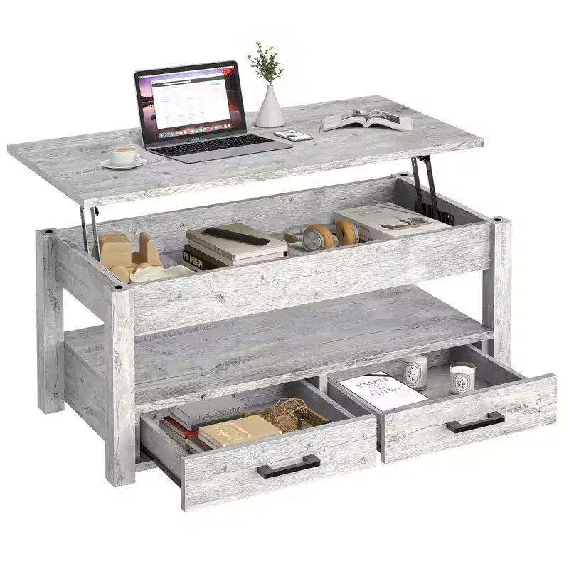 Table basse relevable grise et jaune avec 2 tiroirs et rangement dissimulé