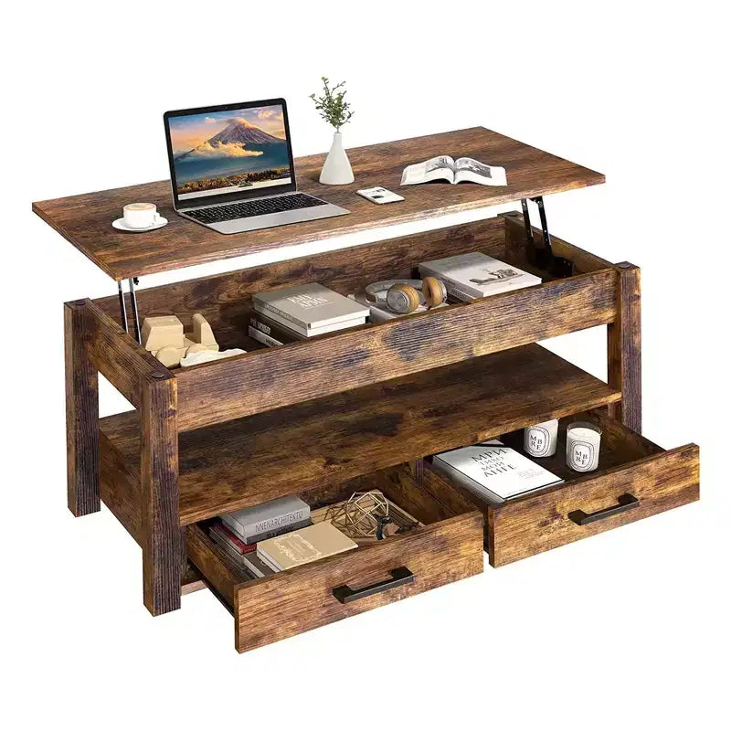 Table basse relevable grise et jaune avec 2 tiroirs et rangement dissimulé