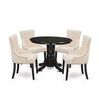 Ensemble de salle à manger rond noir avec chaises en lin beige, 4 places, 5 pièces