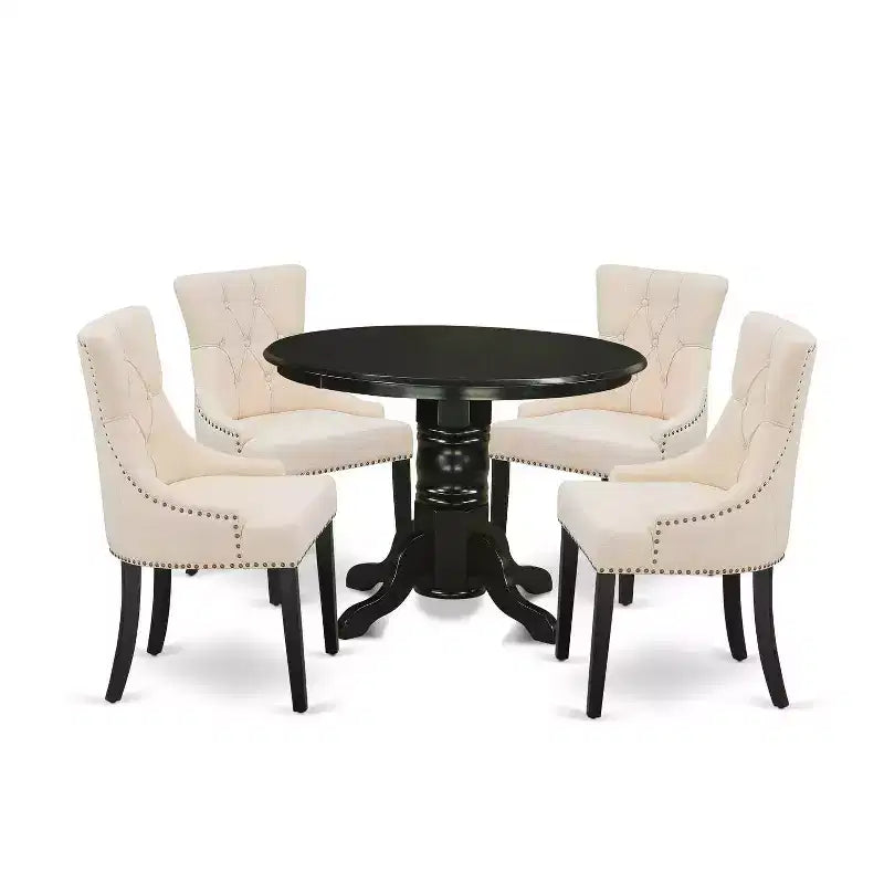 Ensemble de salle à manger rond noir avec chaises en lin beige, 4 places, 5 pièces