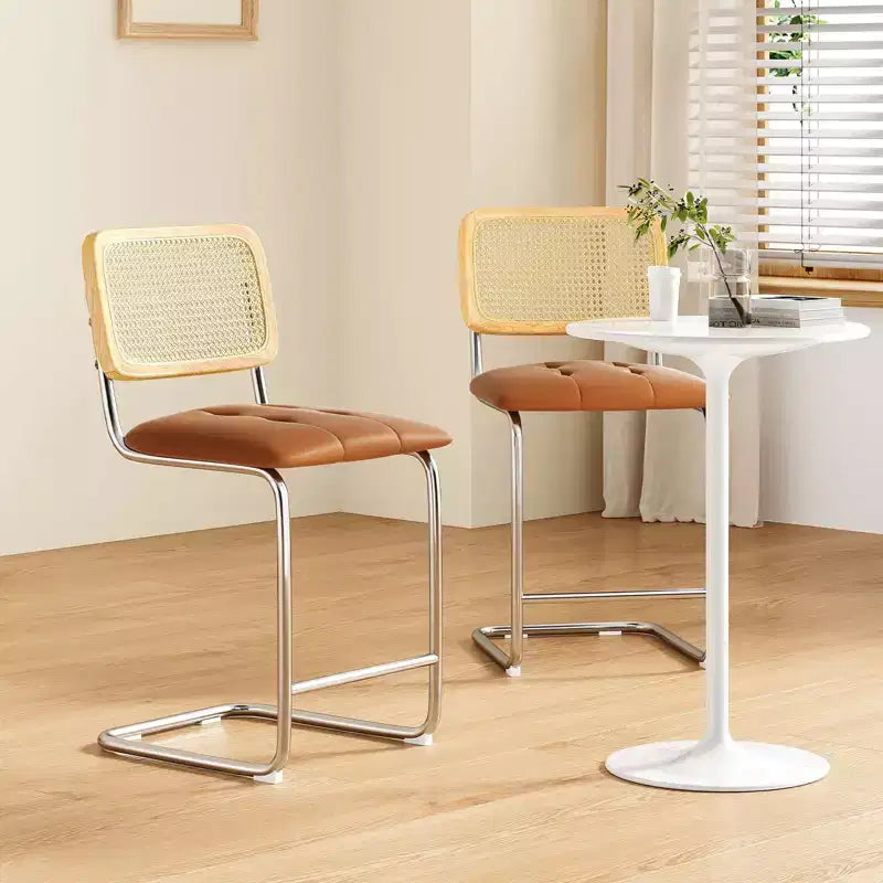 PexFix 2Pcs Counter Height Bar Stools Upholstered PU Leather Barstools with Rattan Back 24 inch Stools Armless Bar Chairs for Kitchen Island Brown