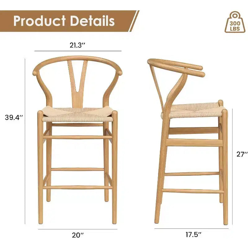 Tabouret de bar Wishbone en bois naturel, dossier en X, assise tressée, 1 place