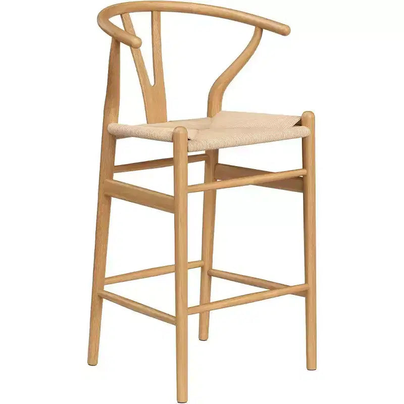 Tabouret de bar Wishbone en bois naturel, dossier en X, assise tressée, 1 place