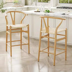 Tabouret de bar Wishbone en bois naturel, dossier en X, assise tressée, 1 place