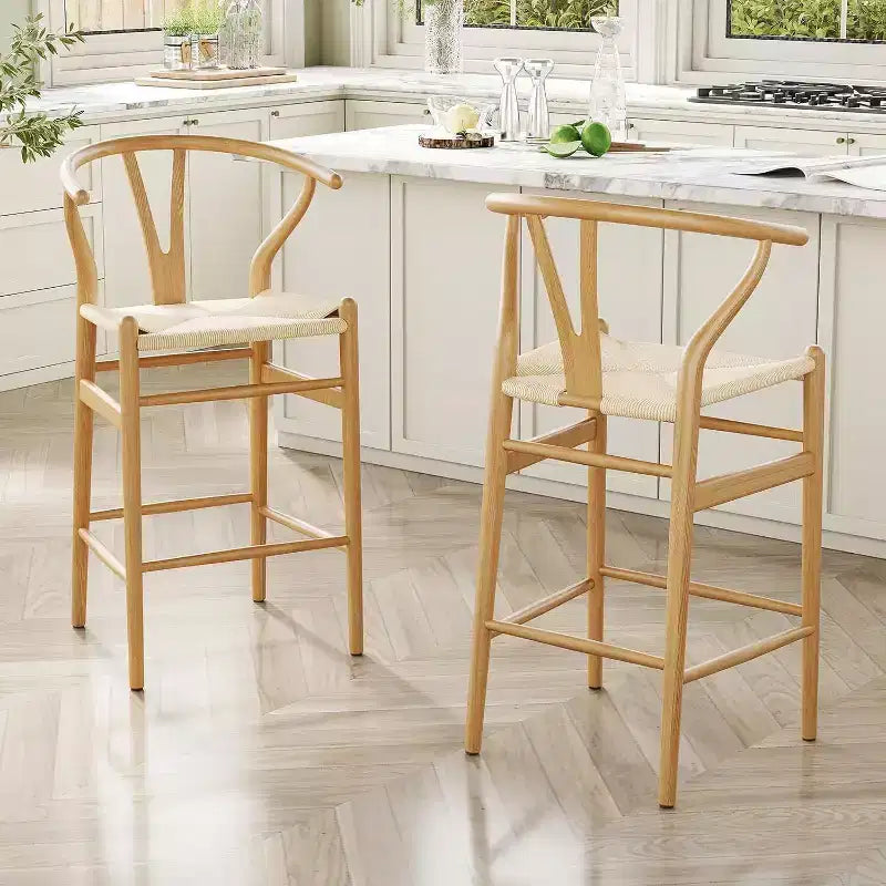 Tabouret de bar Wishbone en bois naturel, dossier en X, assise tressée, 1 place
