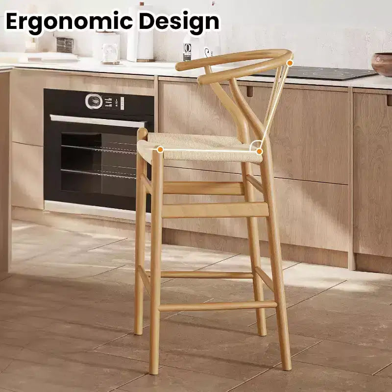 Tabouret de bar Wishbone en bois naturel, dossier en X, assise tressée, 1 place