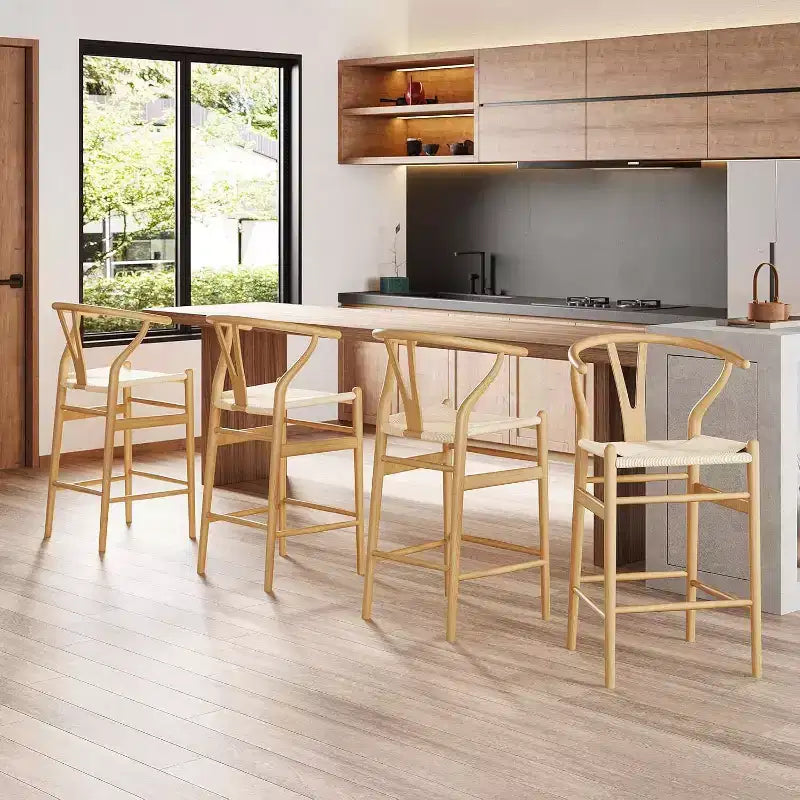 Tabouret de bar Wishbone en bois naturel, dossier en X, assise tressée, 1 place