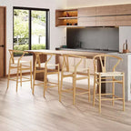 Tabouret de bar Wishbone en bois naturel, dossier en X, assise tressée, 1 place