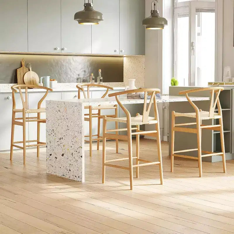 Tabouret de bar Wishbone en bois naturel, dossier en X, assise tressée, 1 place