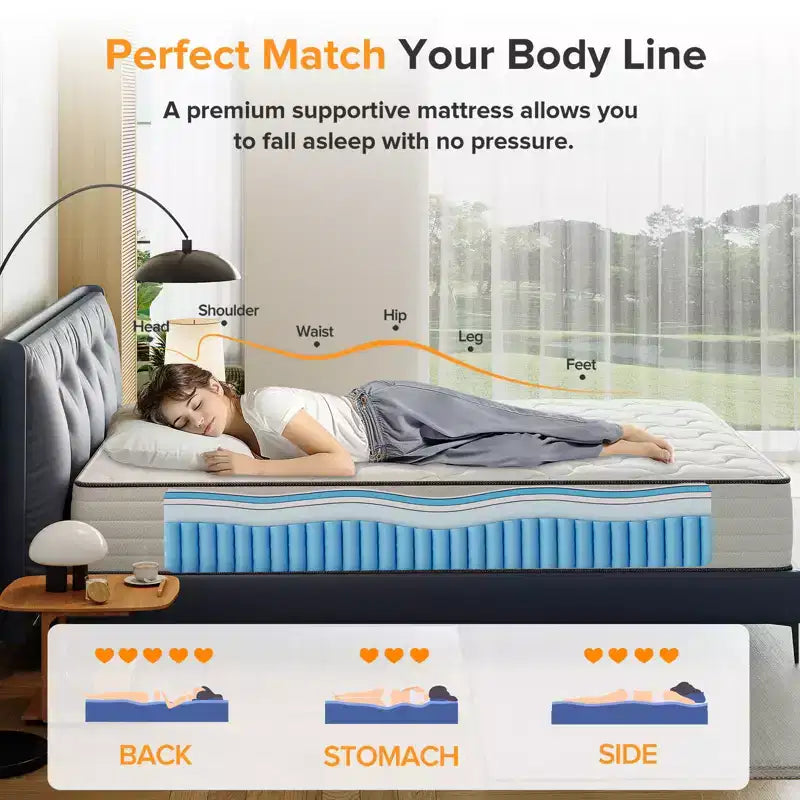 Matelas hybride blanc à ressorts ensachés et mousse à mémoire de forme, fermeté moyenne, 1–2 personnes
