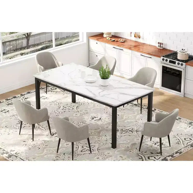 Table à manger rectangulaire blanche de style industriel avec pieds en métal, 6-8 places