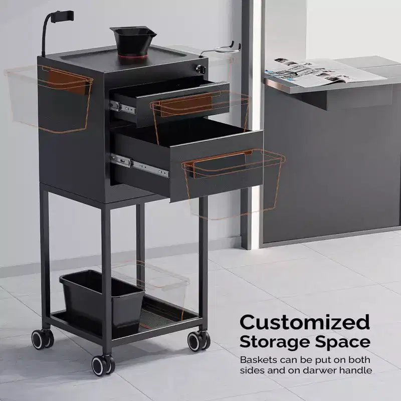Chariot de Salon Roulant en Métal Noir avec 2 Tiroirs Verrouillables, Utilisation Individuelle