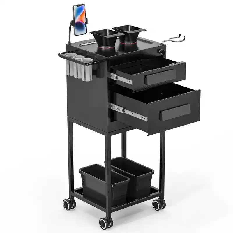 Chariot de Salon Roulant en Métal Noir avec 2 Tiroirs Verrouillables, Utilisation Individuelle