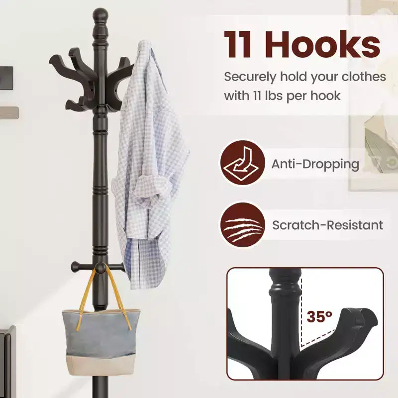 Porte-manteau autoportant noir/marron/naturel avec 3 hauteurs réglables, 11 crochets – 1 personne