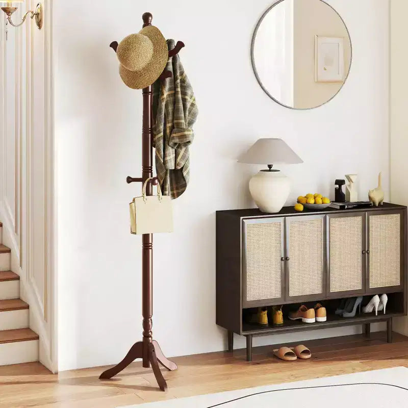 Porte-manteau autoportant noir/marron/naturel avec 3 hauteurs réglables, 11 crochets – 1 personne