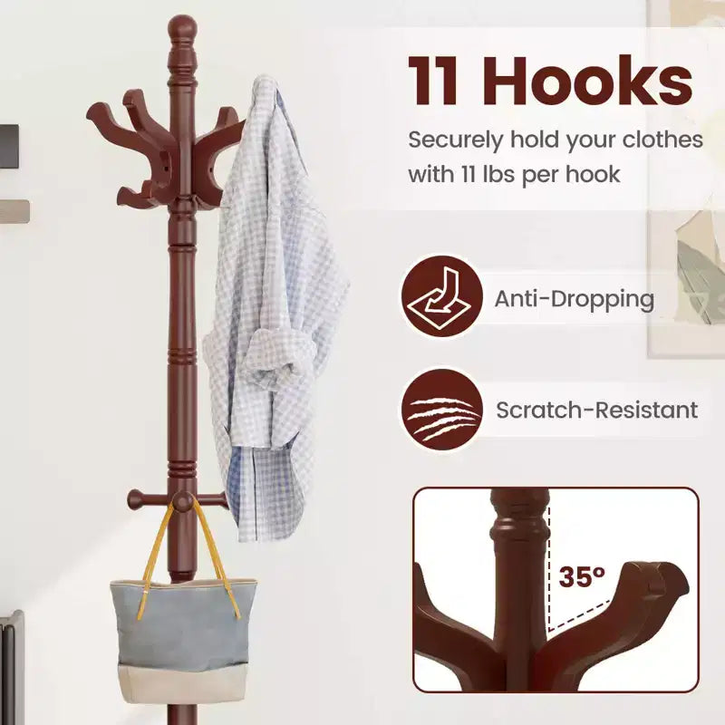 Porte-manteau autoportant noir/marron/naturel avec 3 hauteurs réglables, 11 crochets – 1 personne