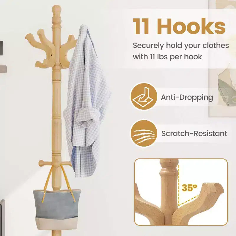 Porte-manteau autoportant noir/marron/naturel avec 3 hauteurs réglables, 11 crochets – 1 personne