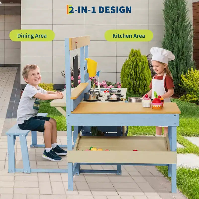 Cuisine à boue d'extérieur 2-en-1 en bois naturel avec table de pique-nique, 3 ans et plus, plusieurs enfants