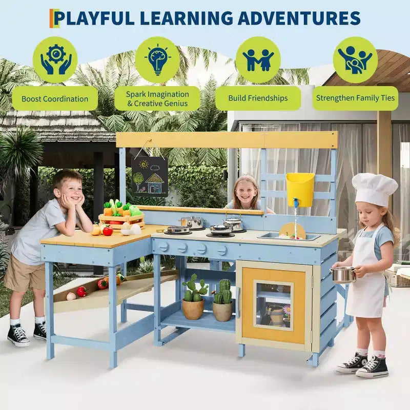 Cuisine à boue d'extérieur 2-en-1 en bois naturel avec table de pique-nique, 3 ans et plus, plusieurs enfants