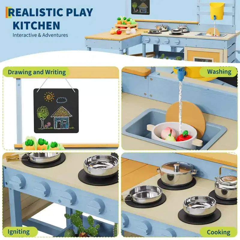 Cuisine à boue d'extérieur 2-en-1 en bois naturel avec table de pique-nique, 3 ans et plus, plusieurs enfants