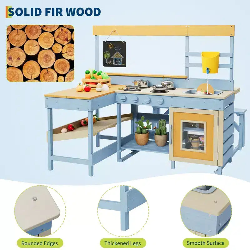 Cuisine à boue d'extérieur 2-en-1 en bois naturel avec table de pique-nique, 3 ans et plus, plusieurs enfants