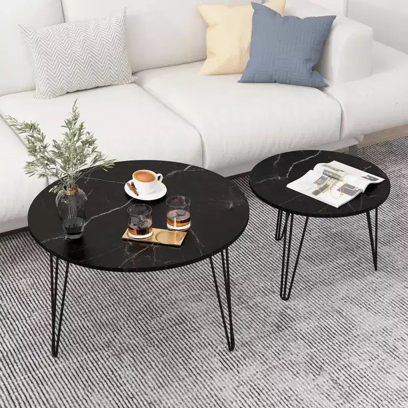 Tables basses gigognes rondes (lot de 2) noires/marron/blanches, plateau en MDF, structure en métal