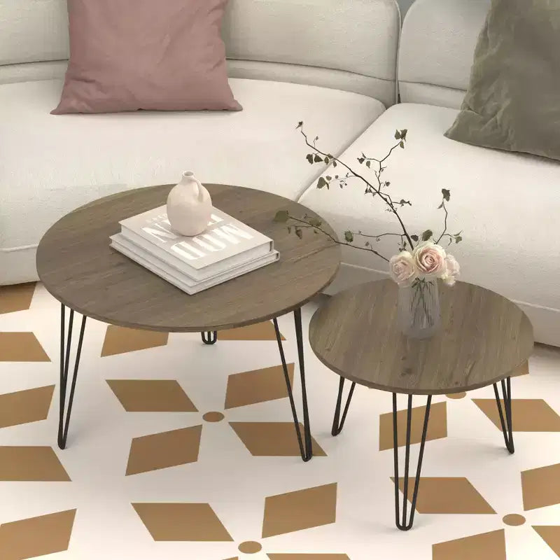 Tables basses gigognes rondes (lot de 2) noires/marron/blanches, plateau en MDF, structure en métal