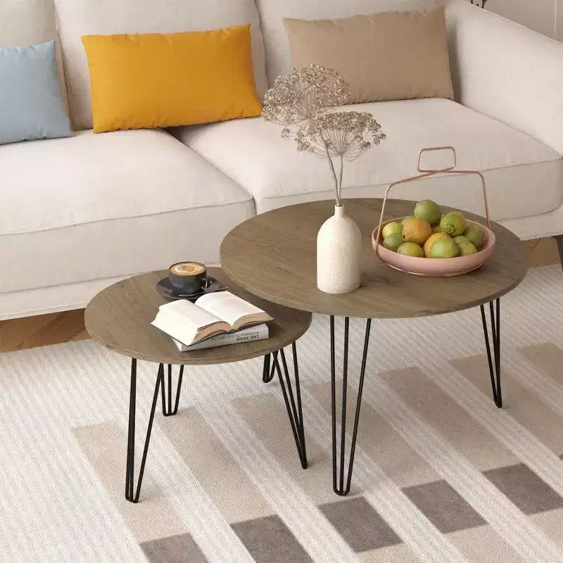 Tables basses gigognes rondes (lot de 2) noires/marron/blanches, plateau en MDF, structure en métal