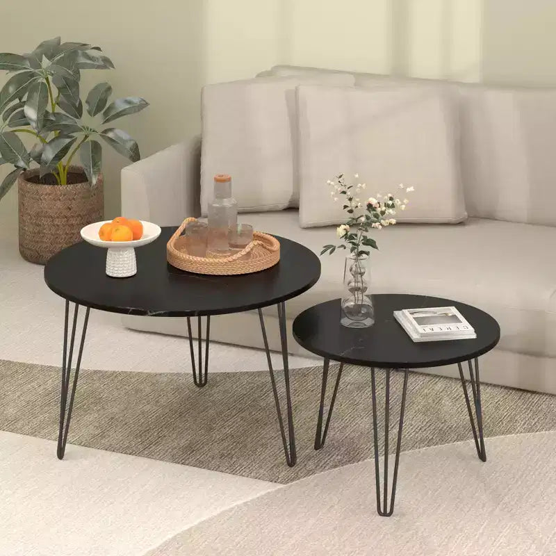 Tables basses gigognes rondes (lot de 2) noires/marron/blanches, plateau en MDF, structure en métal