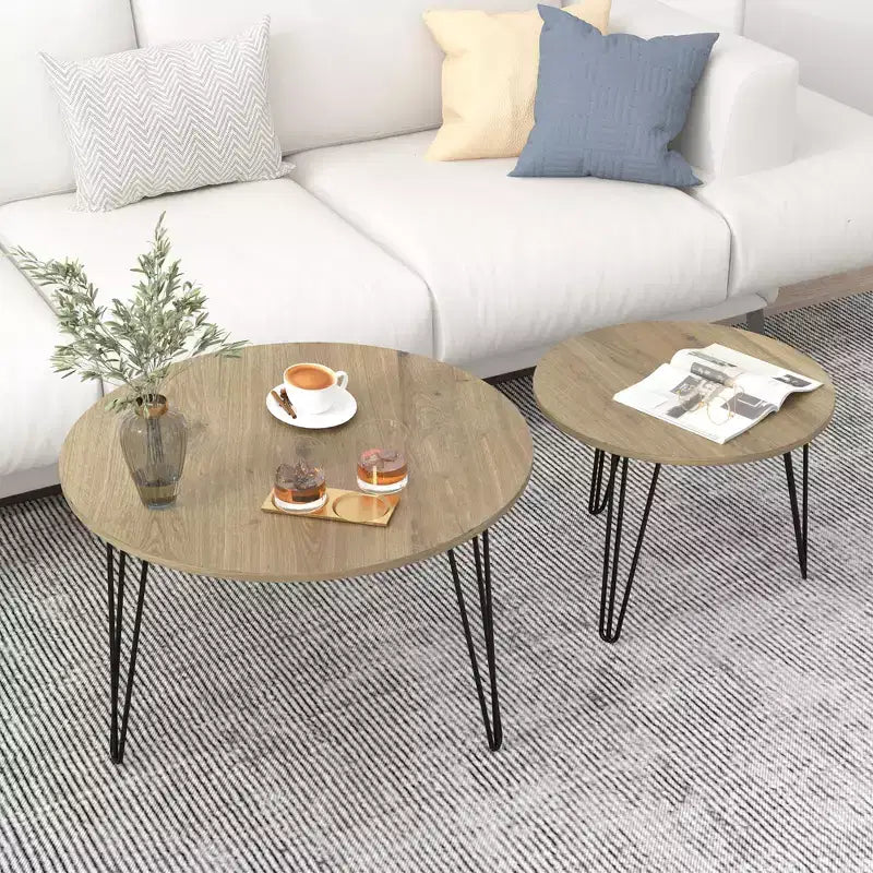 Tables basses gigognes rondes (lot de 2) noires/marron/blanches, plateau en MDF, structure en métal