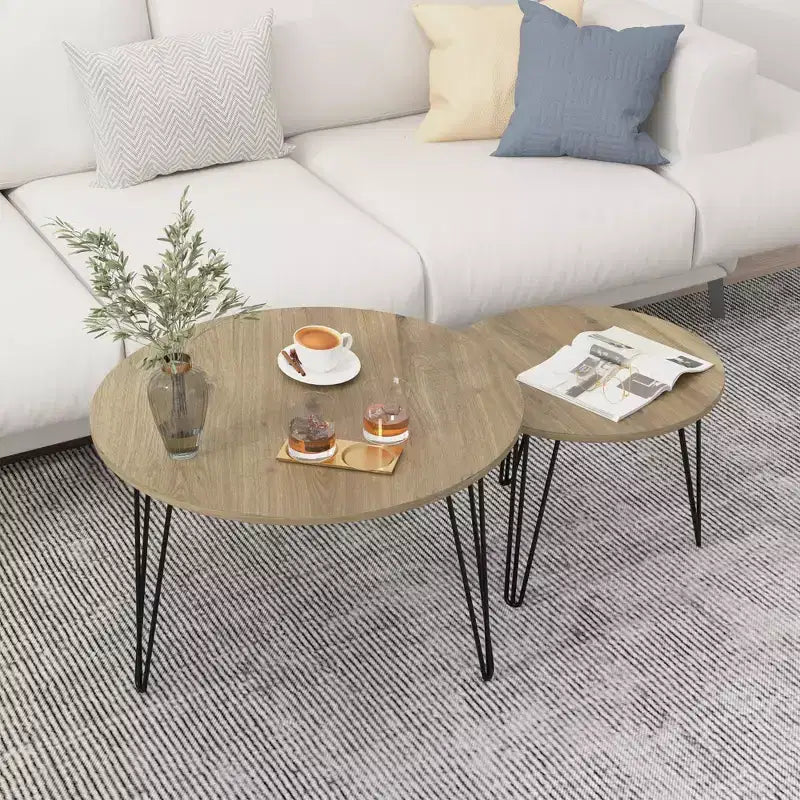 Tables basses gigognes rondes (lot de 2) noires/marron/blanches, plateau en MDF, structure en métal