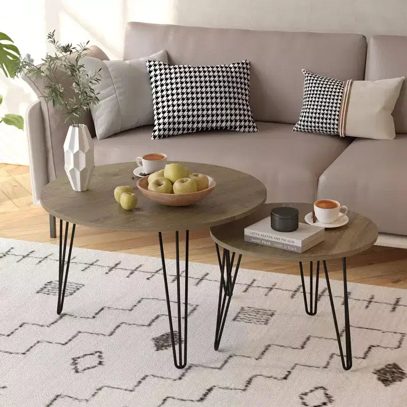 Tables basses gigognes rondes (lot de 2) noires/marron/blanches, plateau en MDF, structure en métal