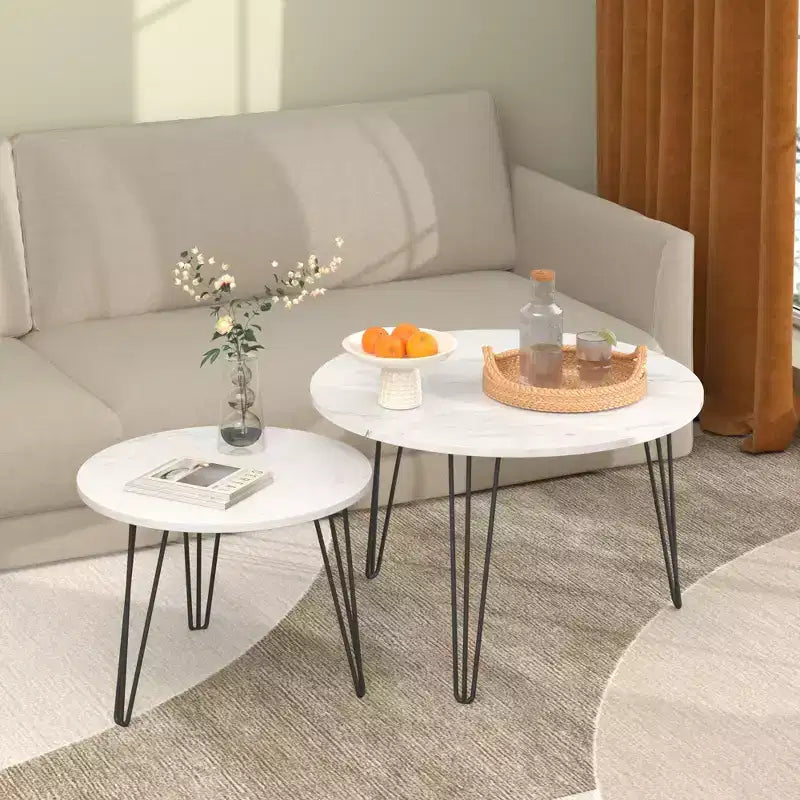 Tables basses gigognes rondes (lot de 2) noires/marron/blanches, plateau en MDF, structure en métal