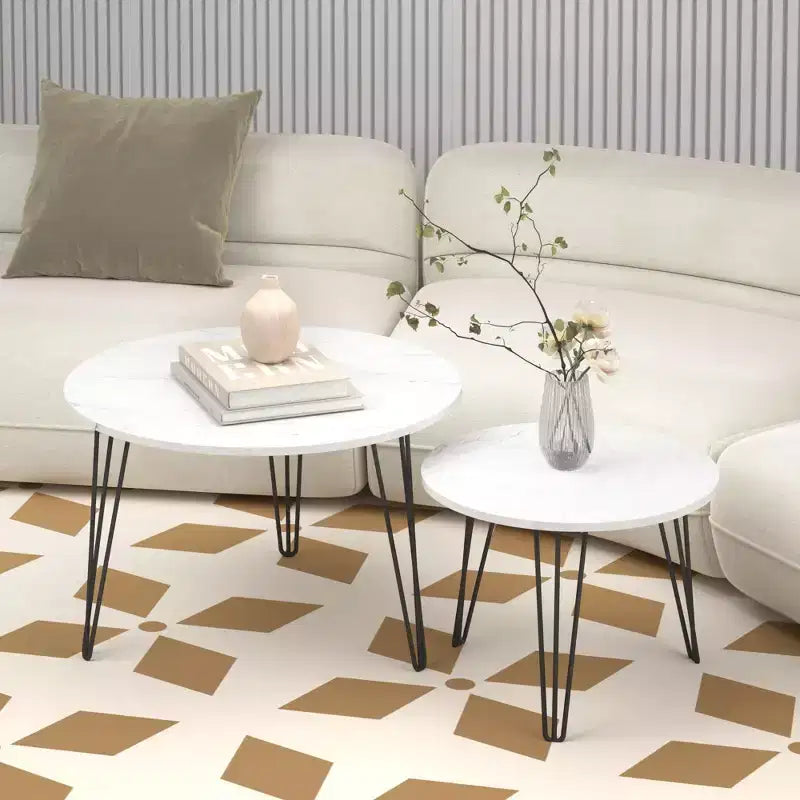 Tables basses gigognes rondes (lot de 2) noires/marron/blanches, plateau en MDF, structure en métal