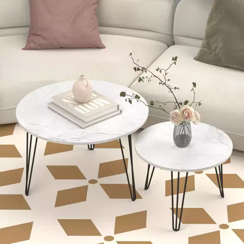 Tables basses gigognes rondes (lot de 2) noires/marron/blanches, plateau en MDF, structure en métal