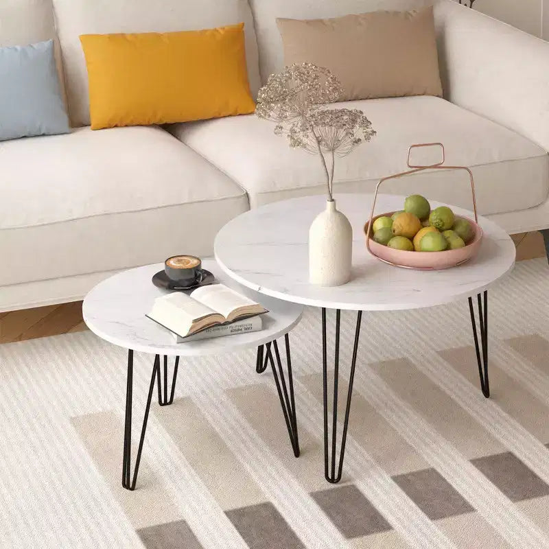 Tables basses gigognes rondes (lot de 2) noires/marron/blanches, plateau en MDF, structure en métal