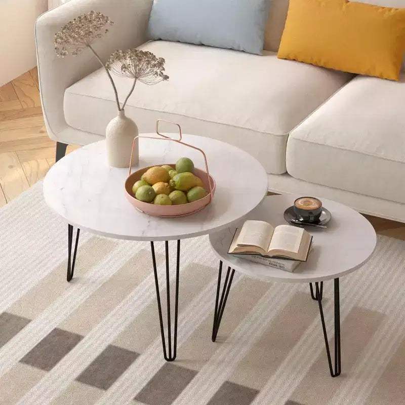 Tables basses gigognes rondes (lot de 2) noires/marron/blanches, plateau en MDF, structure en métal