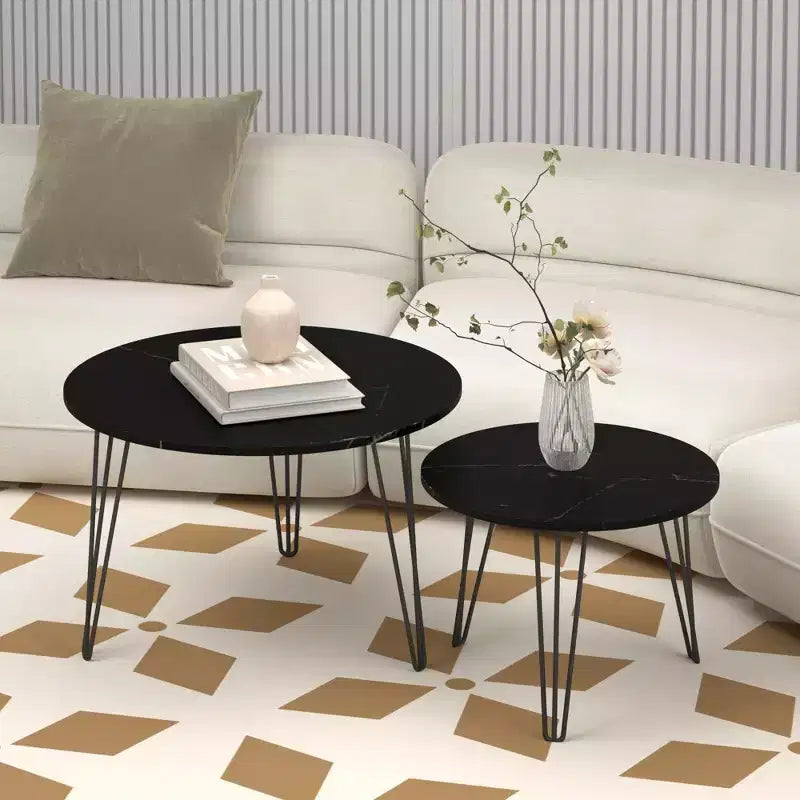 Tables basses gigognes rondes (lot de 2) noires/marron/blanches, plateau en MDF, structure en métal