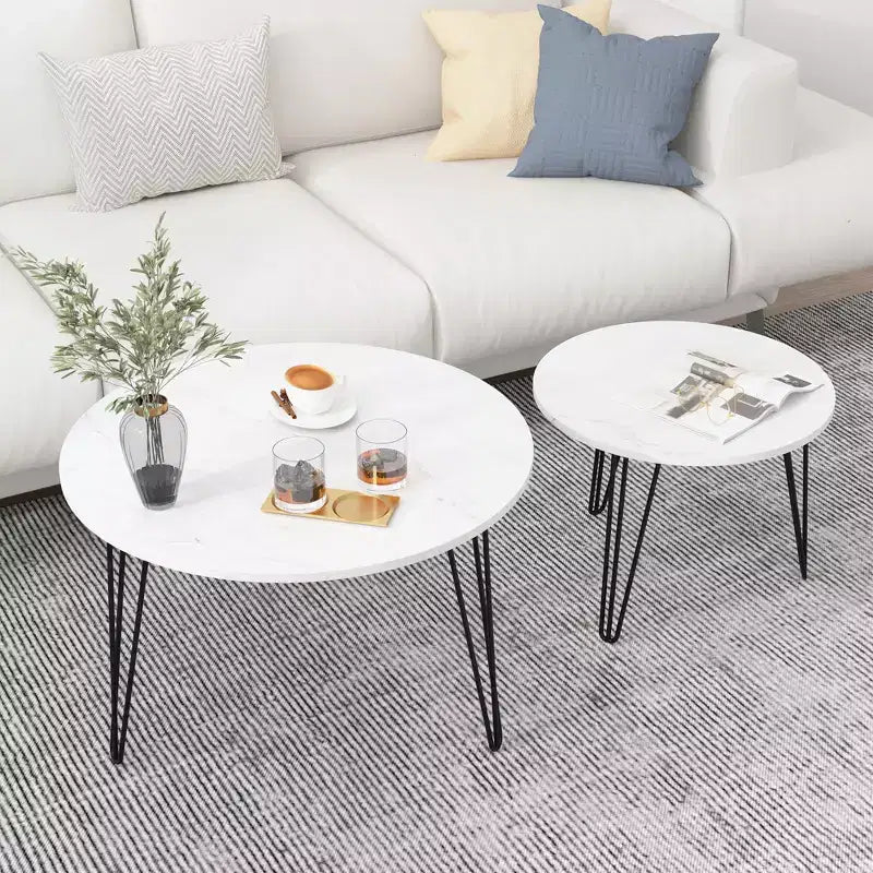 Tables basses gigognes rondes (lot de 2) noires/marron/blanches, plateau en MDF, structure en métal