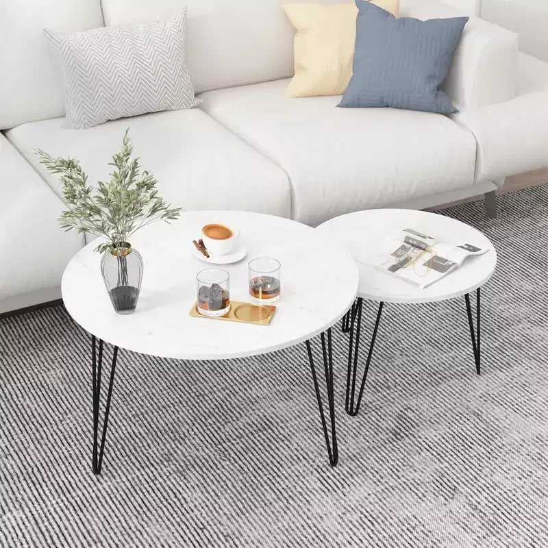Tables basses gigognes rondes (lot de 2) noires/marron/blanches, plateau en MDF, structure en métal