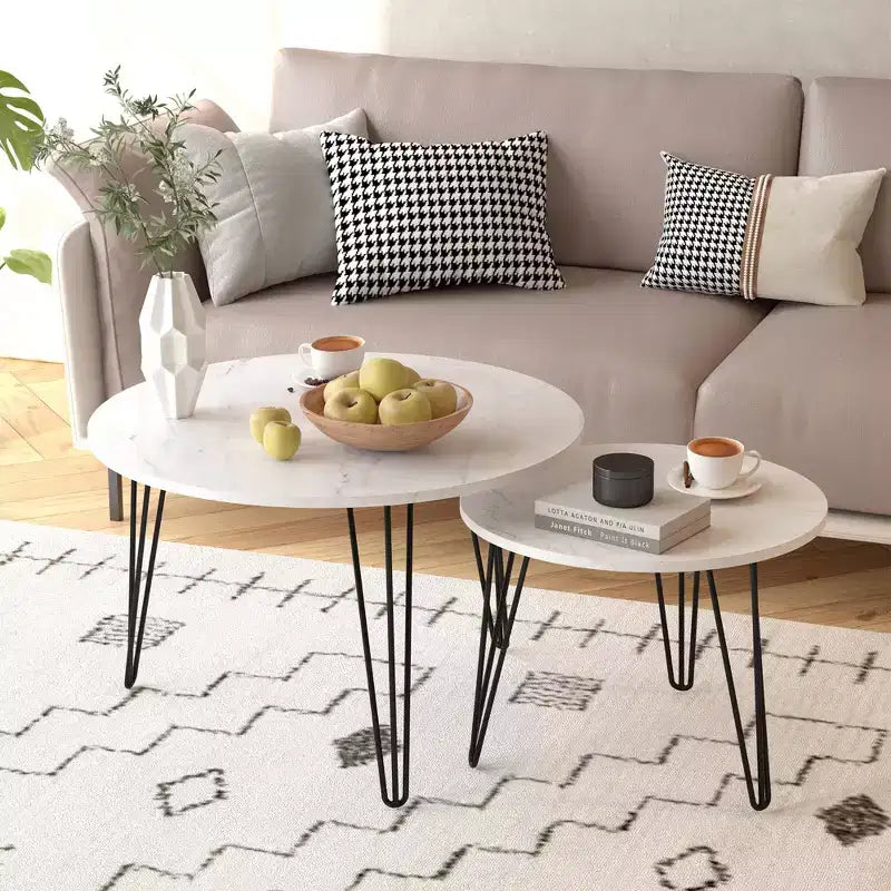 Tables basses gigognes rondes (lot de 2) noires/marron/blanches, plateau en MDF, structure en métal