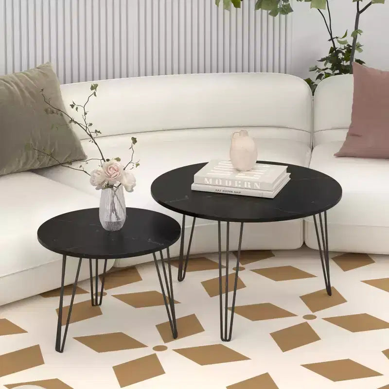Tables basses gigognes rondes (lot de 2) noires/marron/blanches, plateau en MDF, structure en métal