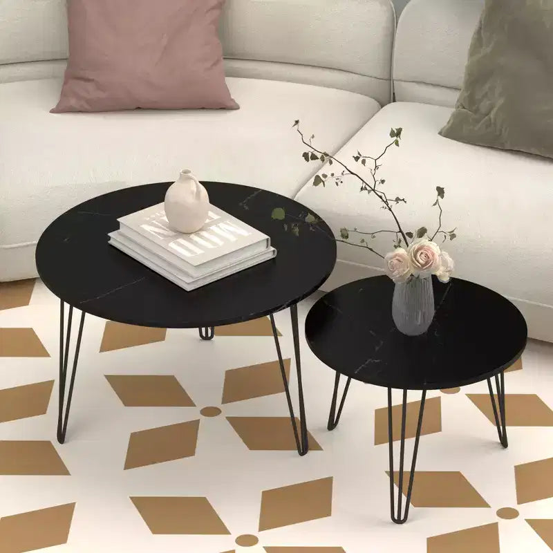 Tables basses gigognes rondes (lot de 2) noires/marron/blanches, plateau en MDF, structure en métal