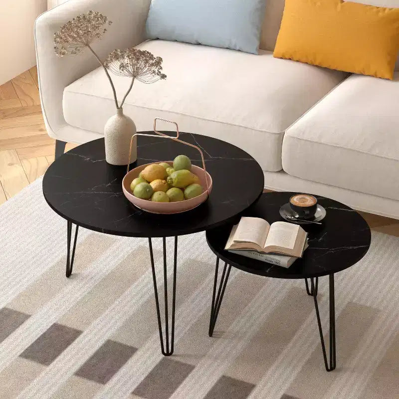 Tables basses gigognes rondes (lot de 2) noires/marron/blanches, plateau en MDF, structure en métal