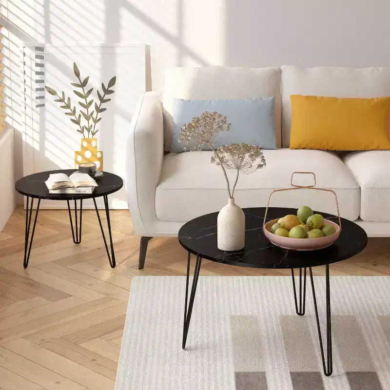 Tables basses gigognes rondes (lot de 2) noires/marron/blanches, plateau en MDF, structure en métal